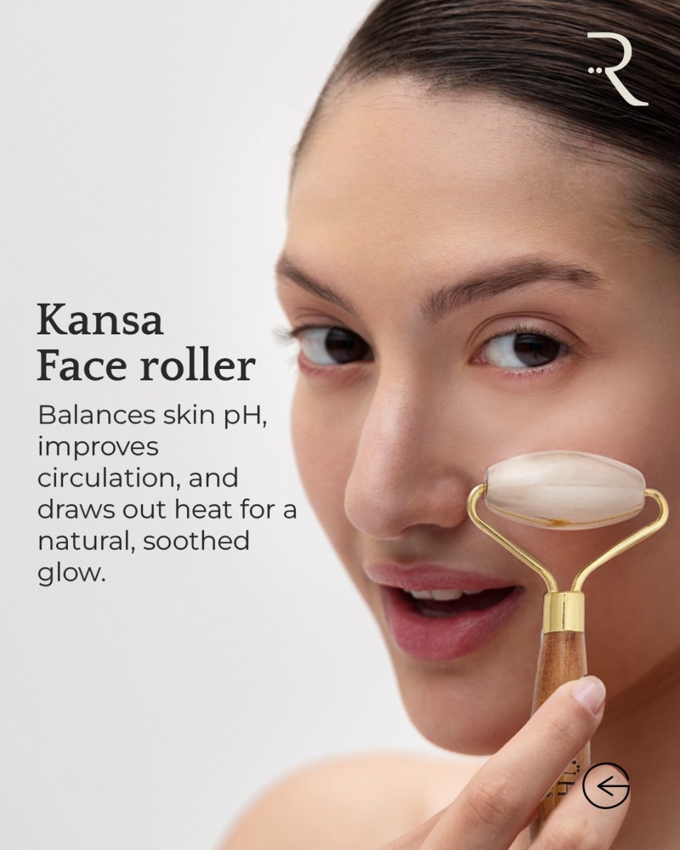 Kansa Face Roller – Sculpting tool with wooden grip for skin detox, glow, and tone. - Rüh Essentials