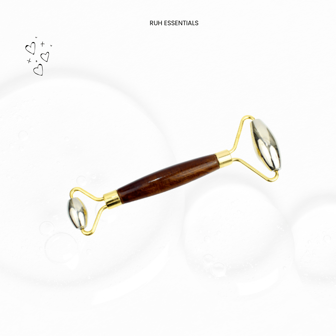 Kansa Face Roller – Sculpting tool with wooden grip for skin detox, glow, and tone. - Rüh Essentials