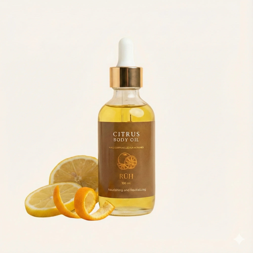 Bottle of Citrus Body Oil with lemons on a light background