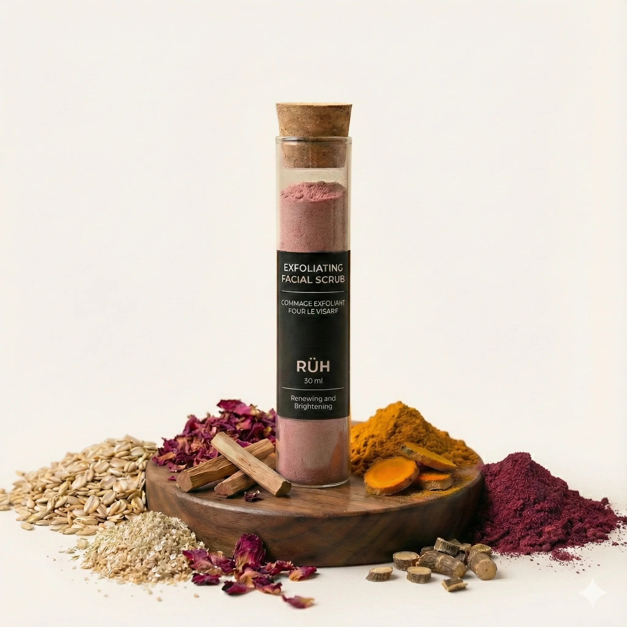 Exfoliating facial scrub in a tube with natural ingredients on a white background