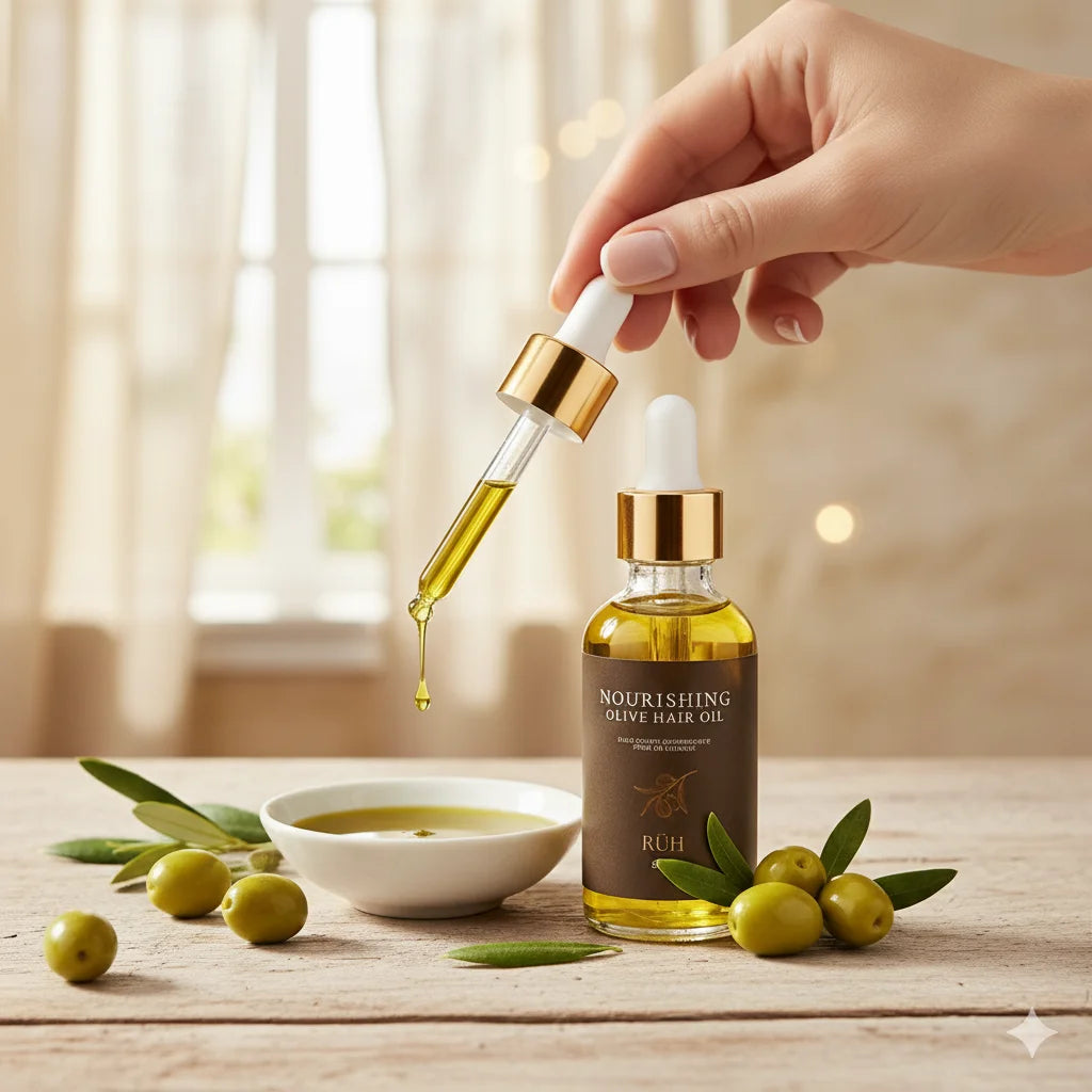 Hand holding a dropper over a bottle of olive oil with olives and a bowl on a wooden surface.