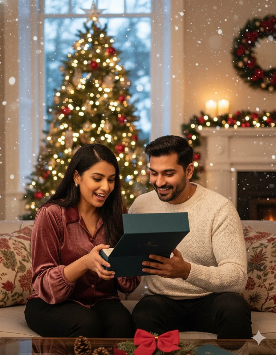 Couple sitting on a couch in a festive living room with a Christmas tree and wreath.