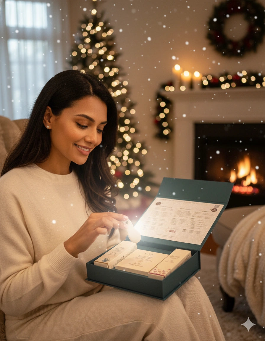 Woman opening a box in a cozy living room with Christmas decorations.