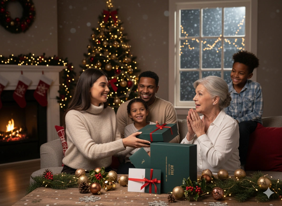 Family gathered around a Christmas tree with presents in a cozy living room.