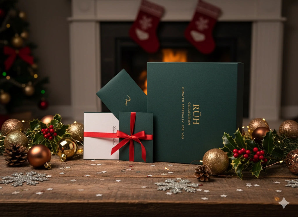 Gift boxes with ribbons on a wooden table with Christmas decorations and a fireplace in the background