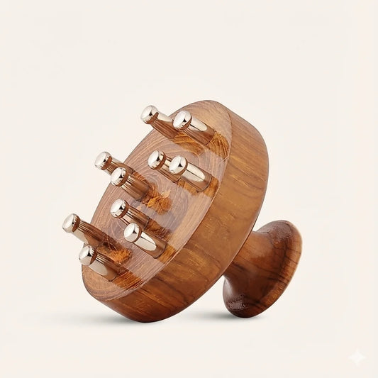 Wooden cylindrical Head Massager with Bronze knobs on a beige background