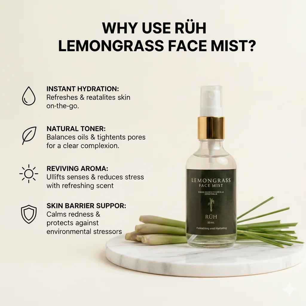 Lemongrass face mist bottle with benefits listed on a light background