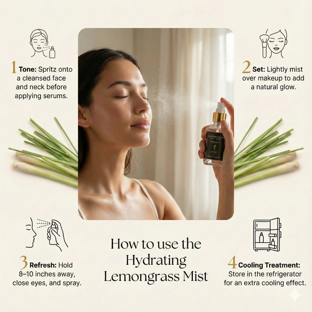 Woman using a hydrating lemongrass mist with product usage instructions on a beige background.