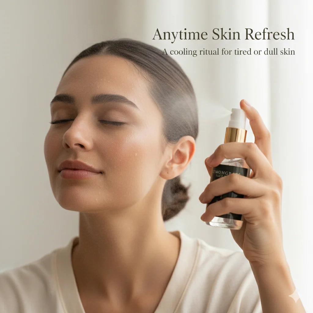 Woman holding a Lemongrass Mist  with 'Anytime Skin Refresh' text on a neutral background