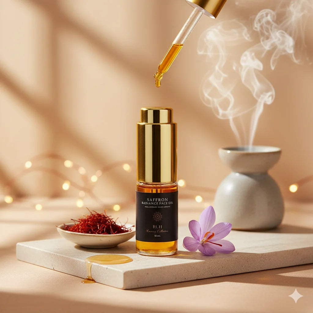 Gold bottle of saffron radiance face oil with dropper, saffron threads, and flower on a wooden board.