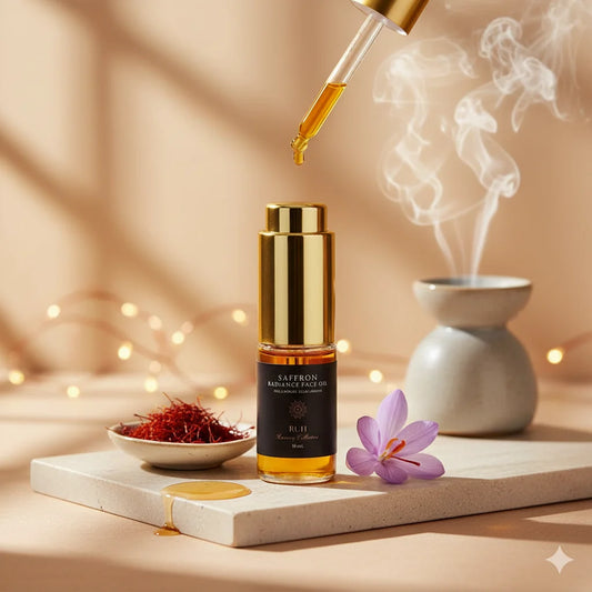 Gold bottle of saffron radiance face oil with dropper, saffron threads, and flower on a wooden board.