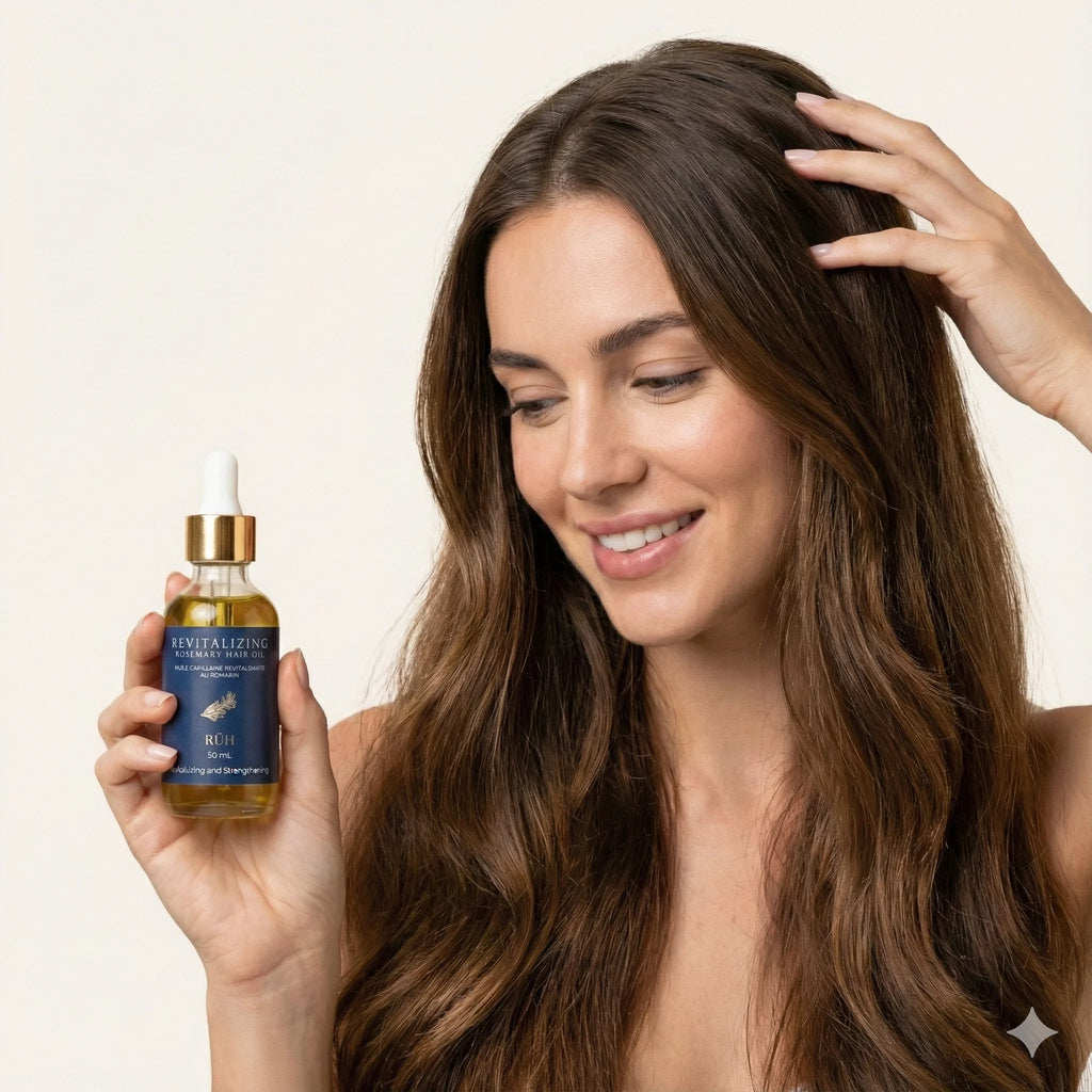 Woman with long brown hair holding a bottle of Revitalizing Hair Oil against a beige background