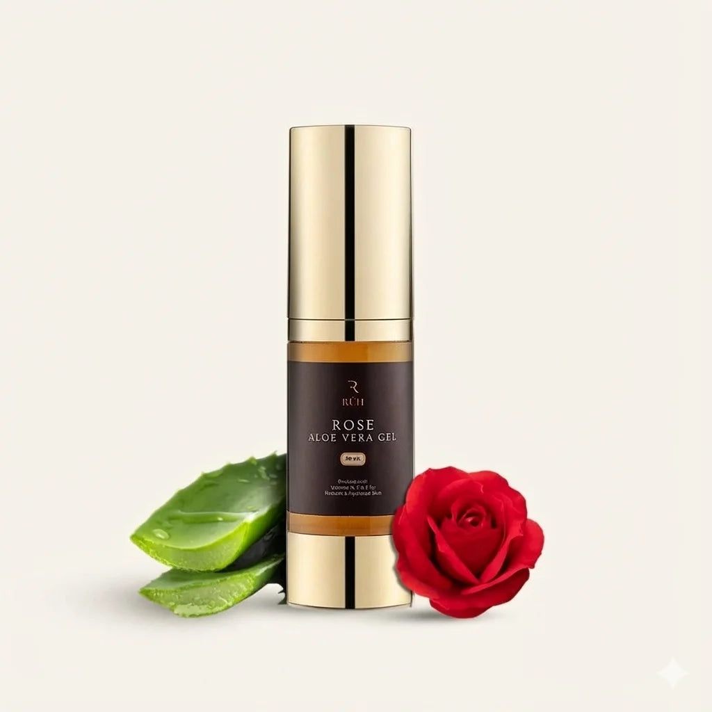 Rose Aloe Vera gel bottle with a red rose and green leaves on a beige background
