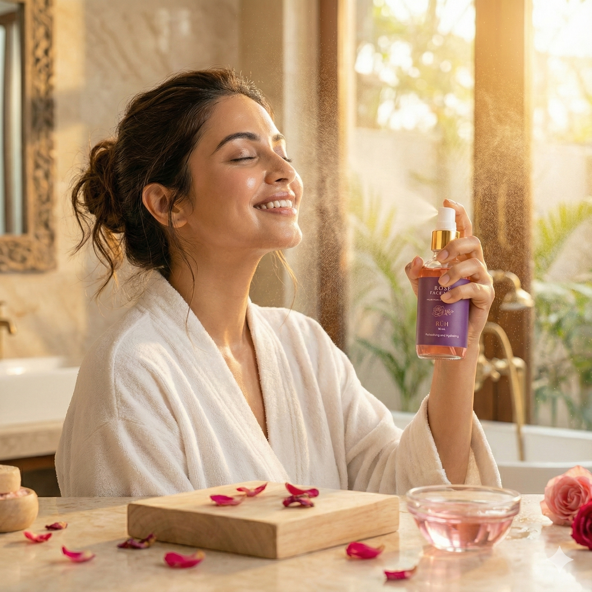Woman in a bathrobe holding a Rose Face Mist in a bathroom setting