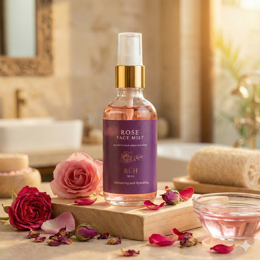 Rose face mist bottle with flowers on a wooden board in a bathroom setting