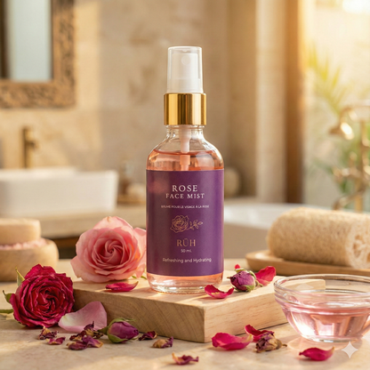 Rose face mist bottle with flowers on a wooden board in a bathroom setting