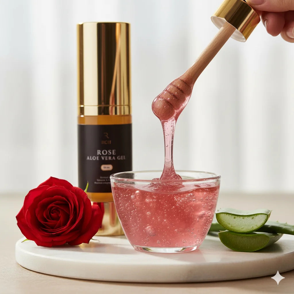 Rose aloe vera gel being scooped from a container with a red rose and aloe vera leaves on a white surface. Promotes skin hydration.