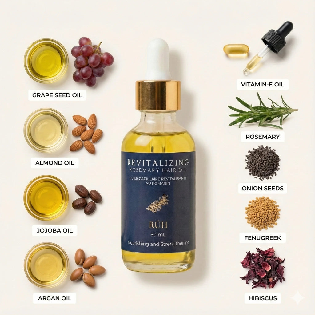 Revitalizing Rosemary Hair Oil with ingredients on a white background