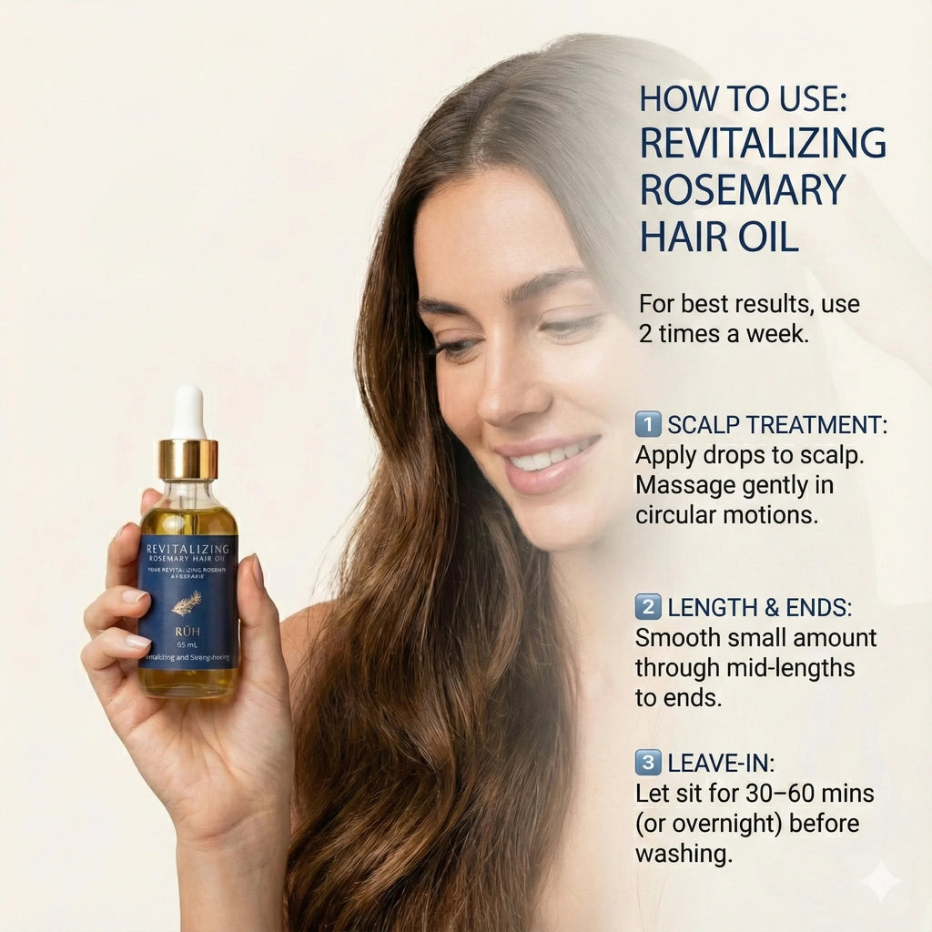 Woman holding a bottle of Revitalizing Rosemary Hair Oil with usage instructions on a beige background