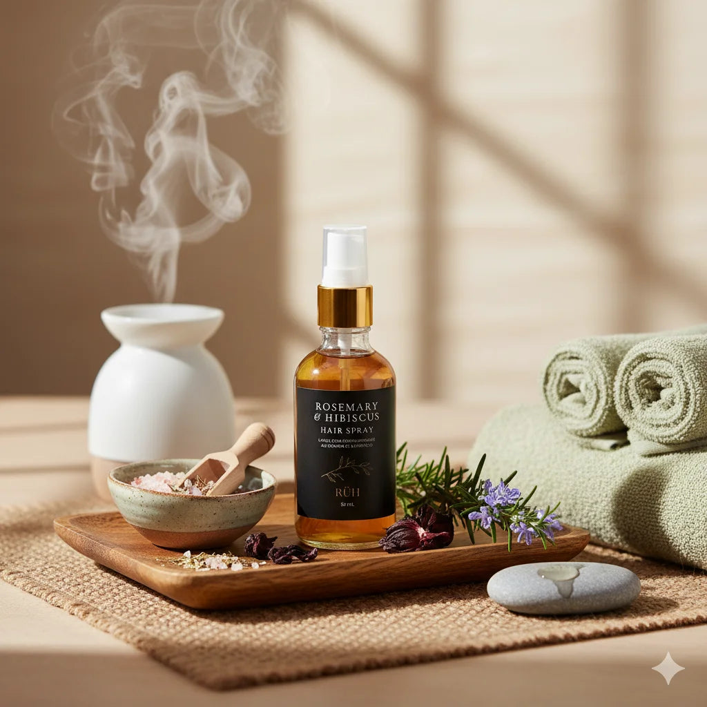 Bottle of Rosemary Hibiscus hair spray on a wooden tray with a diffuser, towel, and flowers in the background.