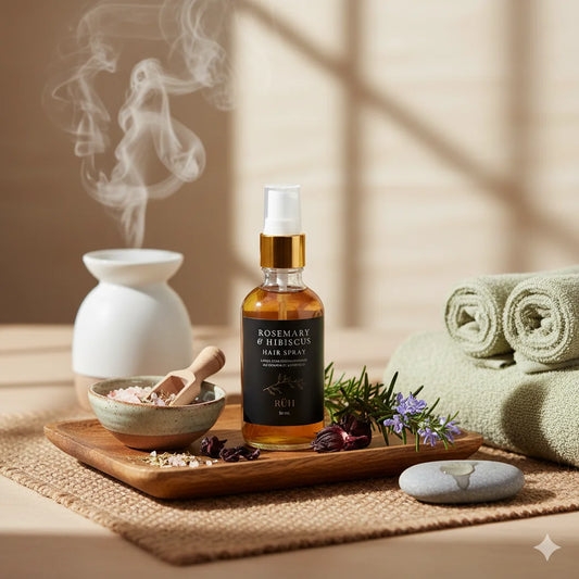 Bottle of Rosemary Hibiscus hair spray on a wooden tray with a diffuser, towel, and flowers in the background.