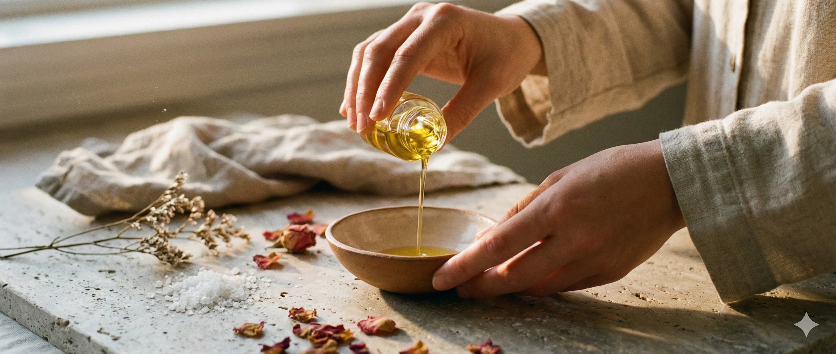 Person pouring a liquid from a small container into a bowl on a wooden surface with dried flowers.