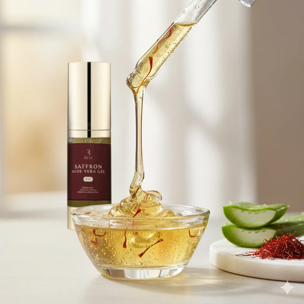 Saffron aloe vera gel being poured into a bowl with a bottle of saffron aloe vera gel in the background. Promoted hydration, and brightens skin tone.