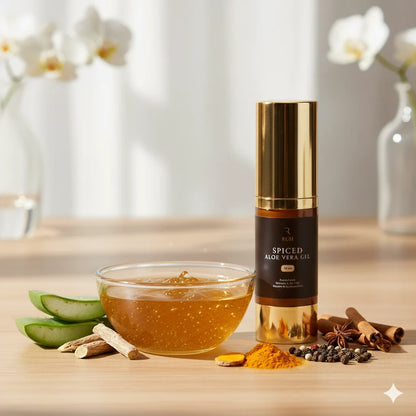 Spiced aloe vera gel bottle with a bowl of gel and aloe vera slices on a wooden surface. Helps with acne prone skin, blemishes and un-even skin tone.
