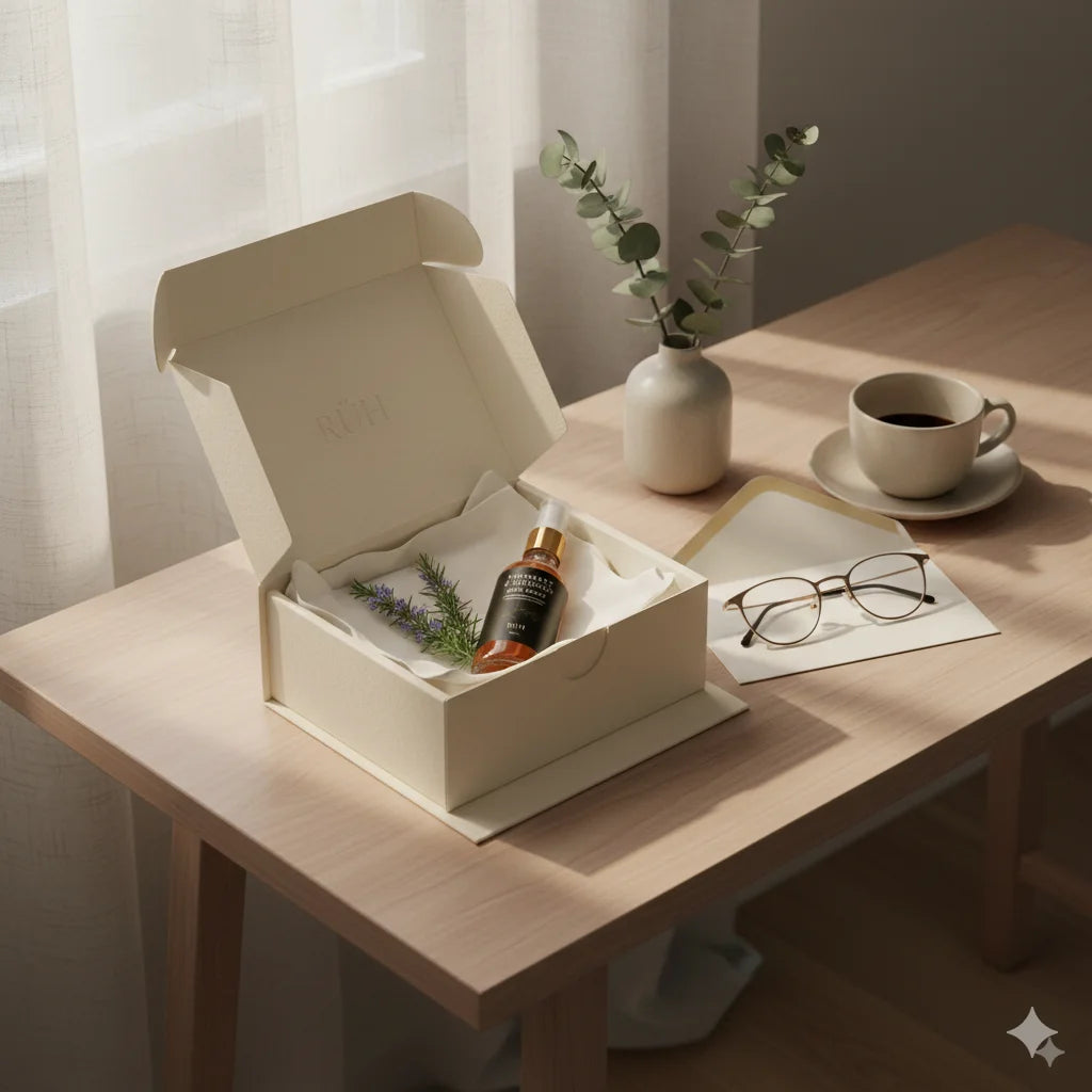 Open box on a wooden table with a bottle, plant, and glasses on a soft focus background
