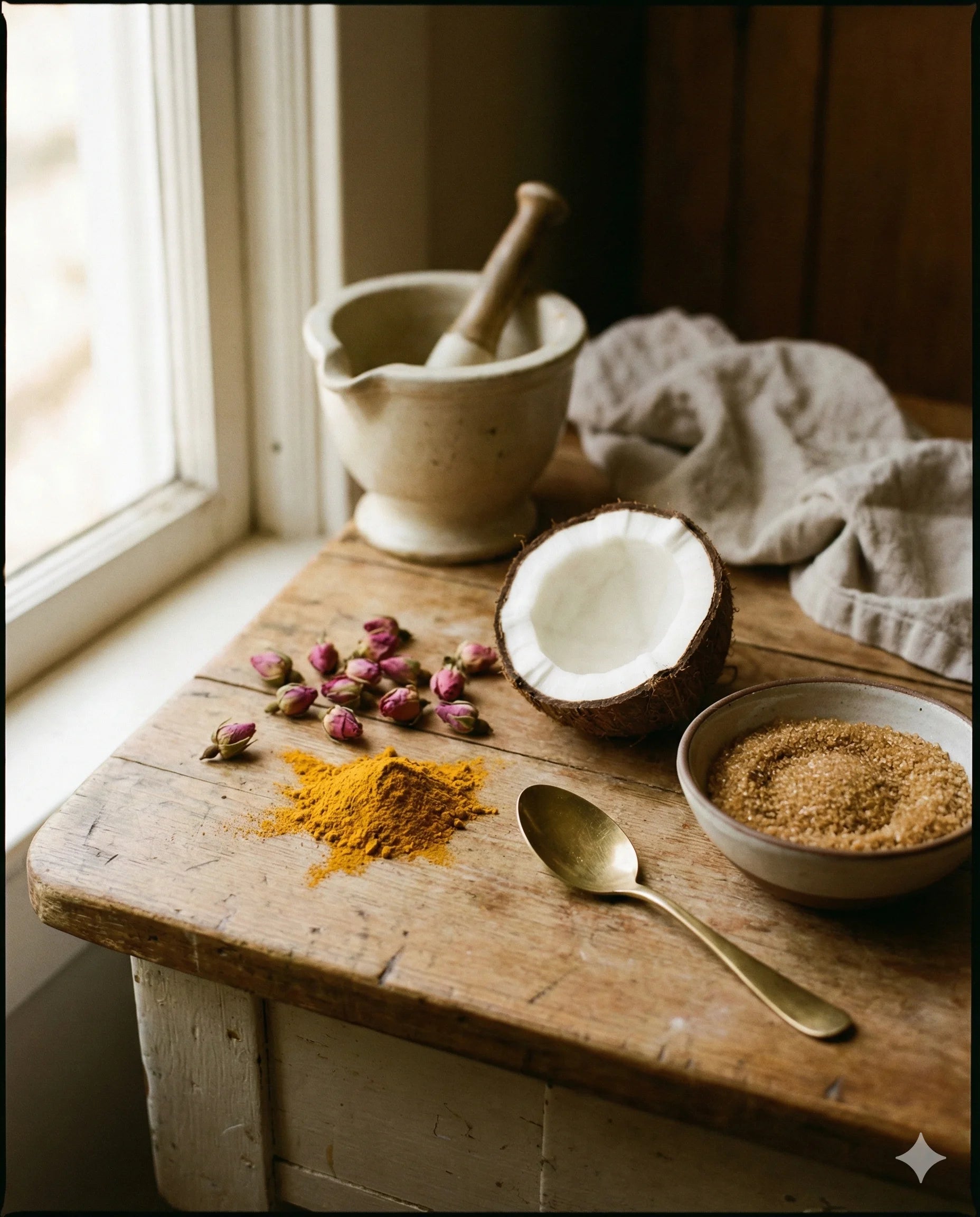 Wooden table with a mortar and pestle, coconut halves, spices, and a spoon near a window.
