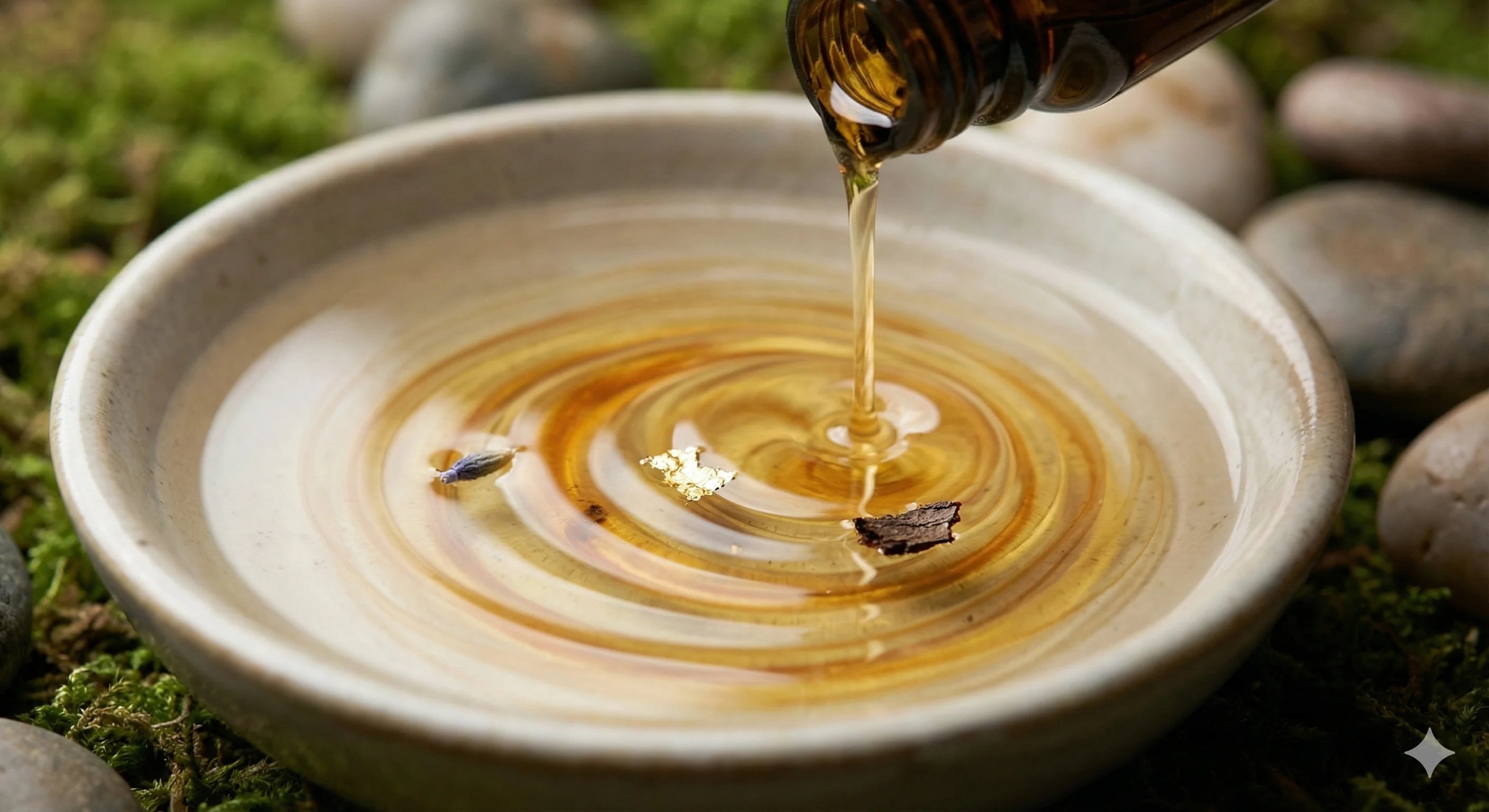 Bottle pouring oil into a bowl with ripples on a natural background