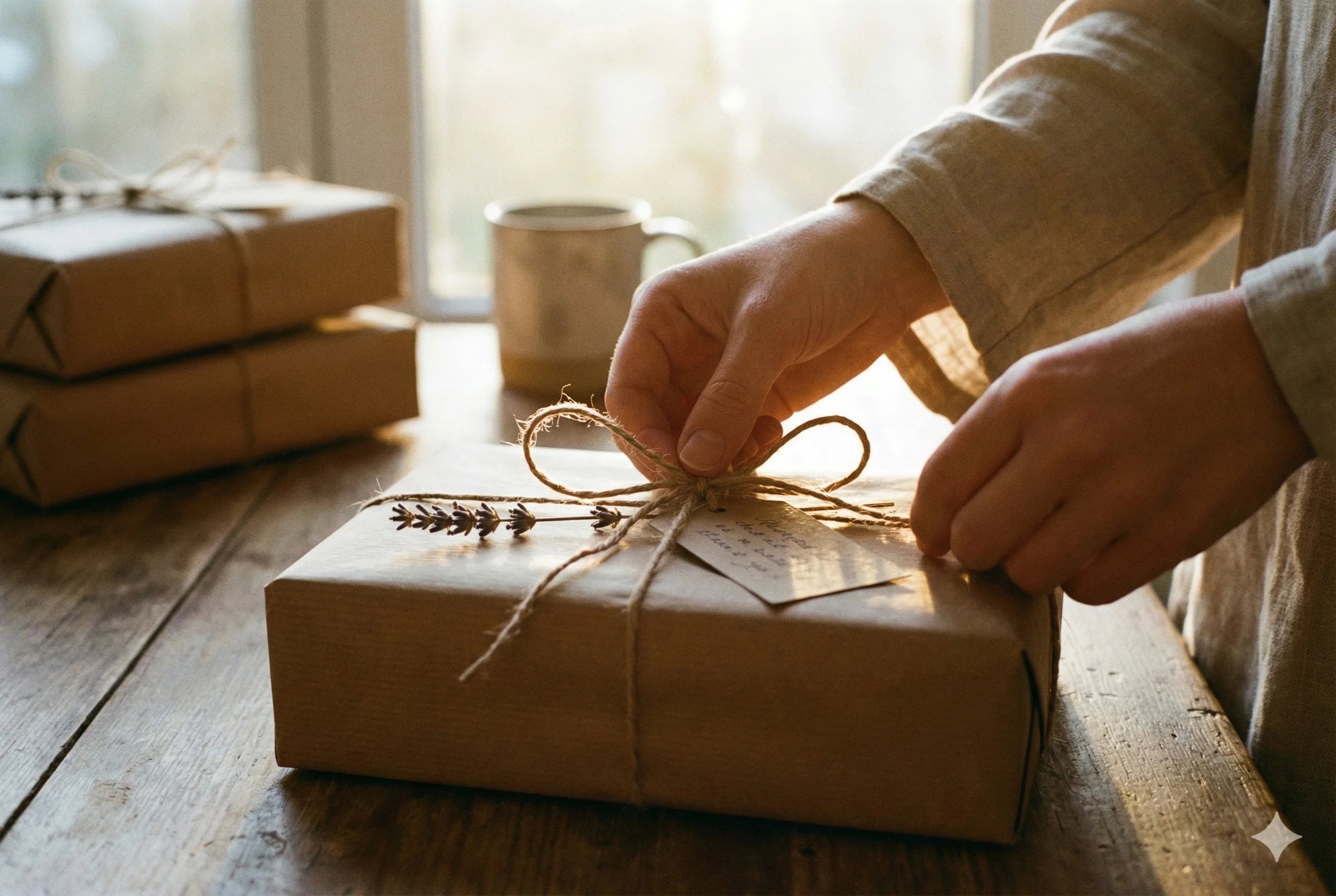 Person tying a string on a wrapped gift box on a wooden table.