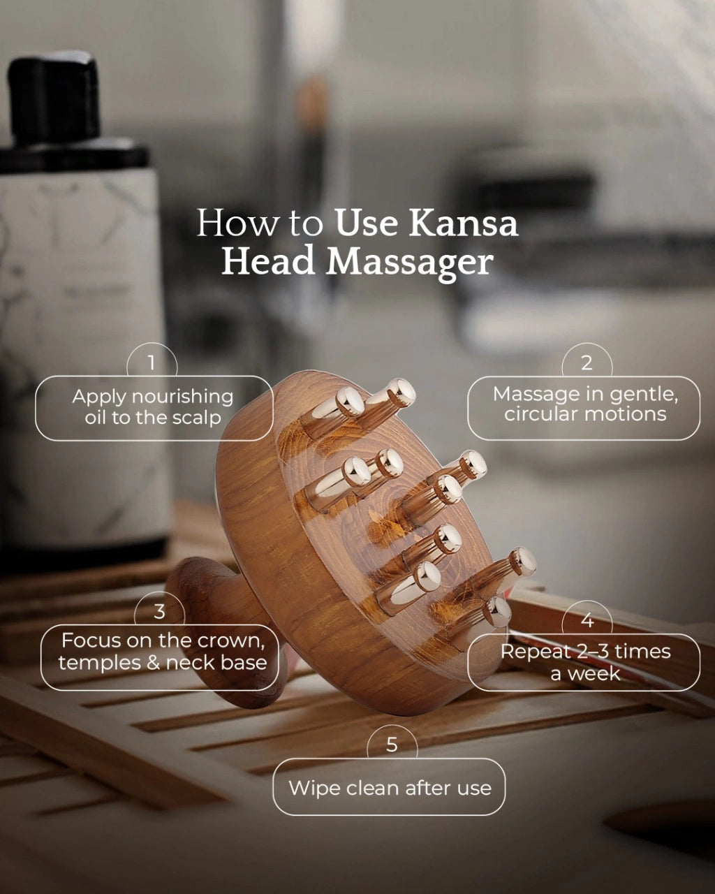 Kansa head massager with usage instructions on a blurred background