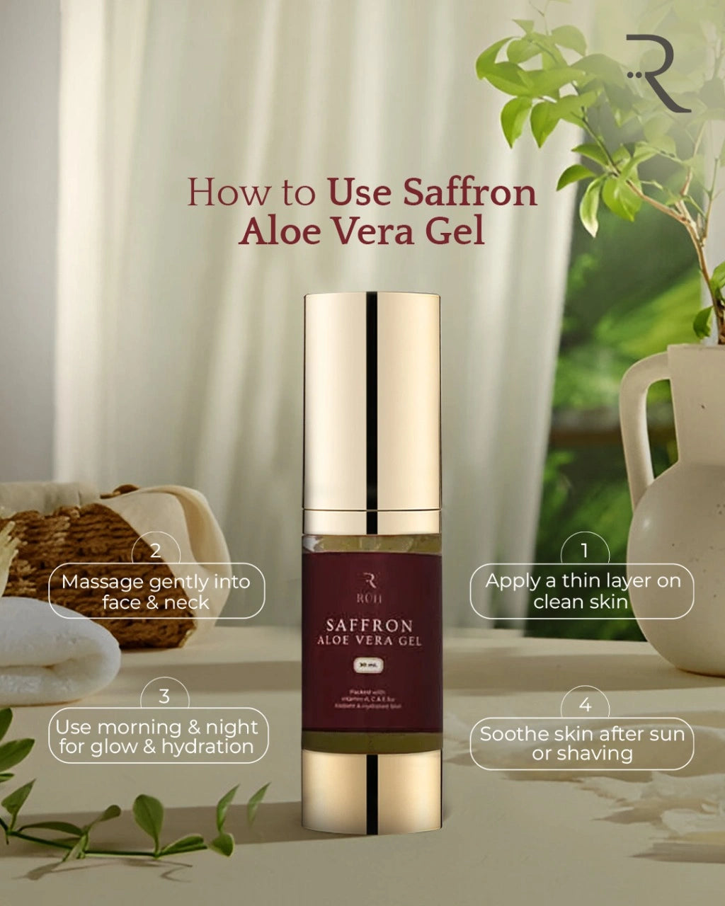 Saffron aloe vera gel bottle with usage instructions on a neutral background