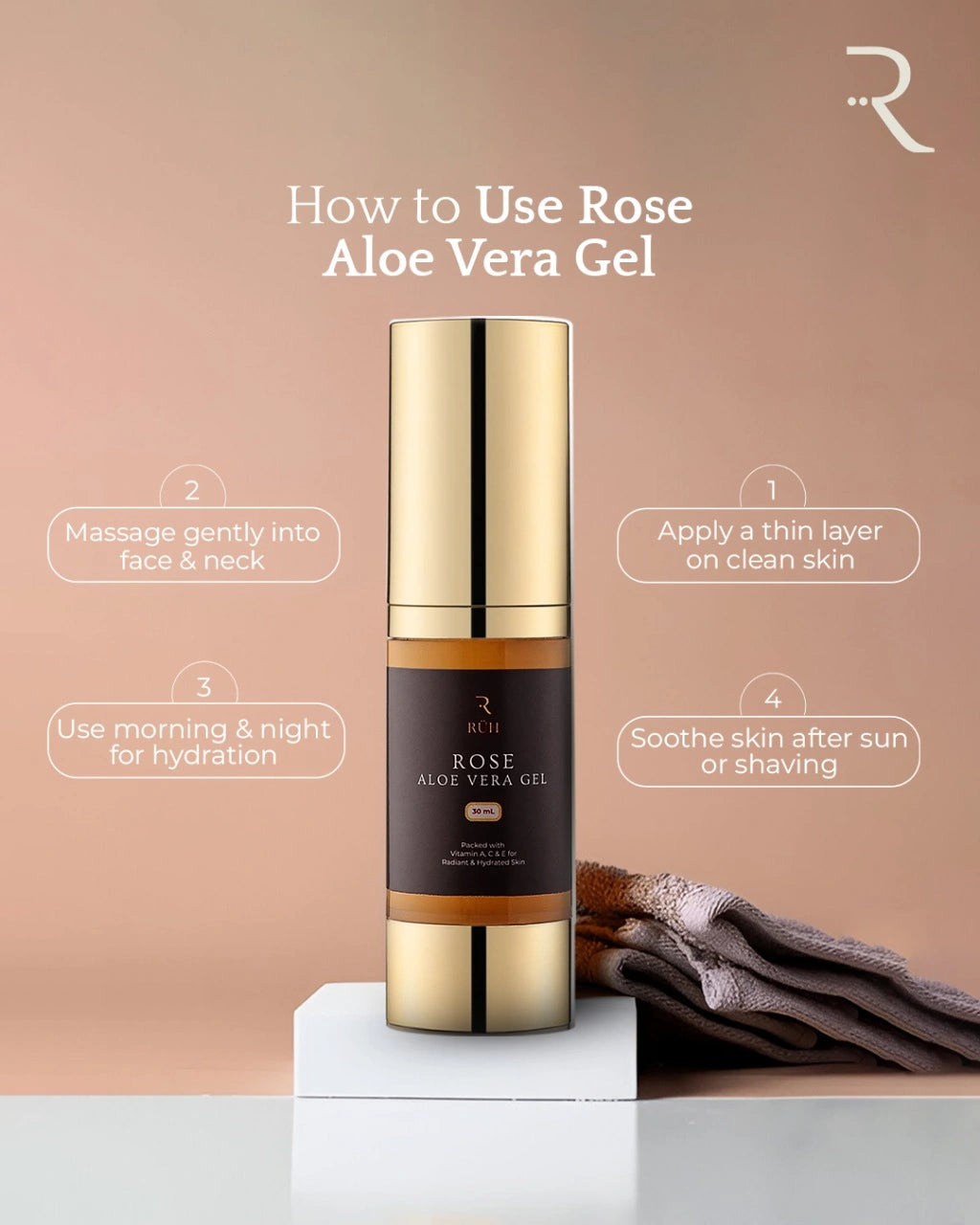 Rose Aloe Vera gel bottle with usage instructions on a beige background