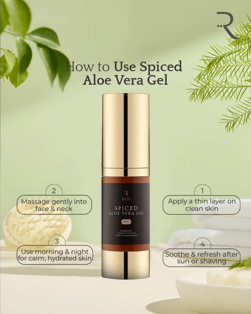 Spiced Aloe Vera Gel bottle with usage instructions on a green background