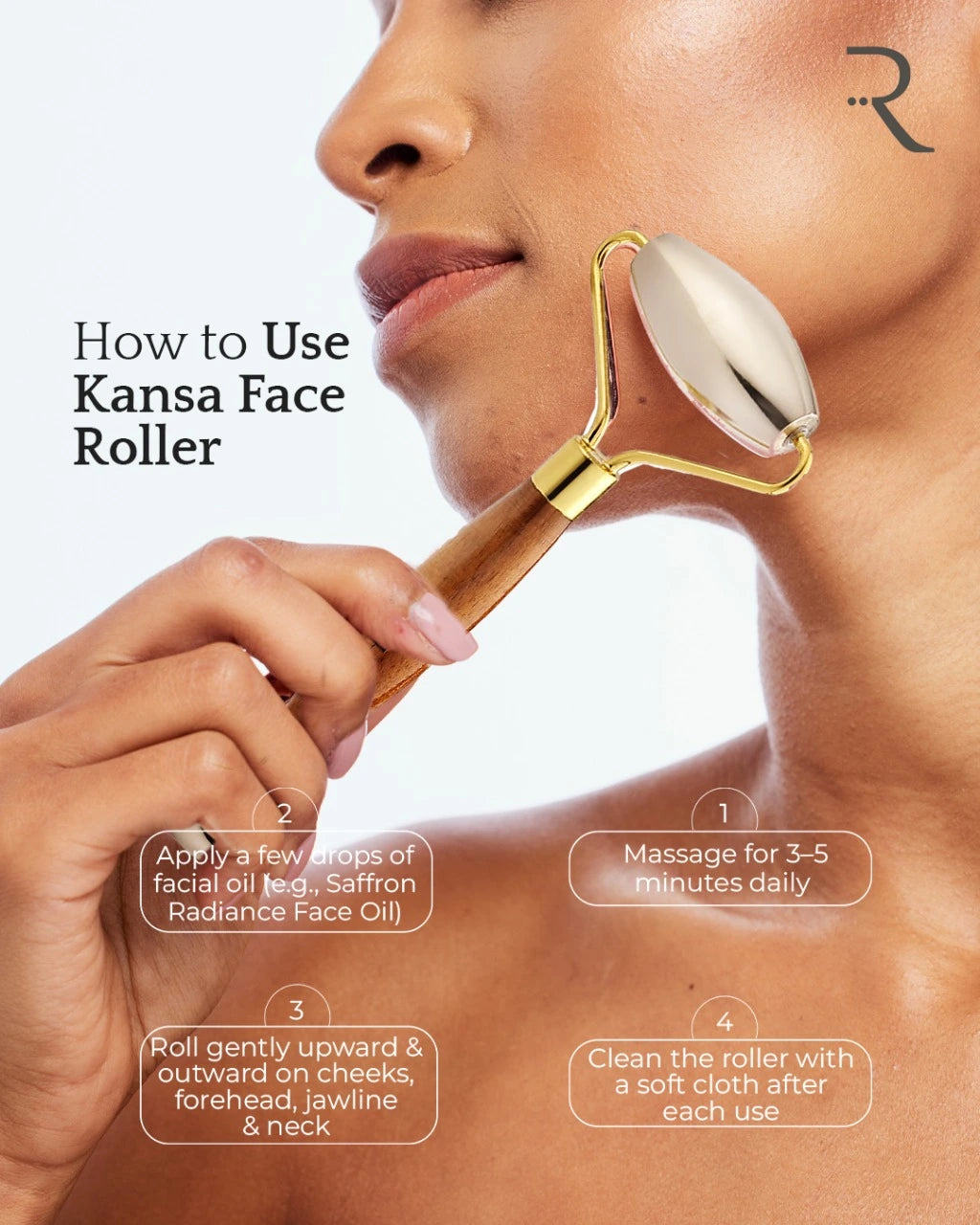 Woman using a Kansa face roller with instructional text on how to use it.