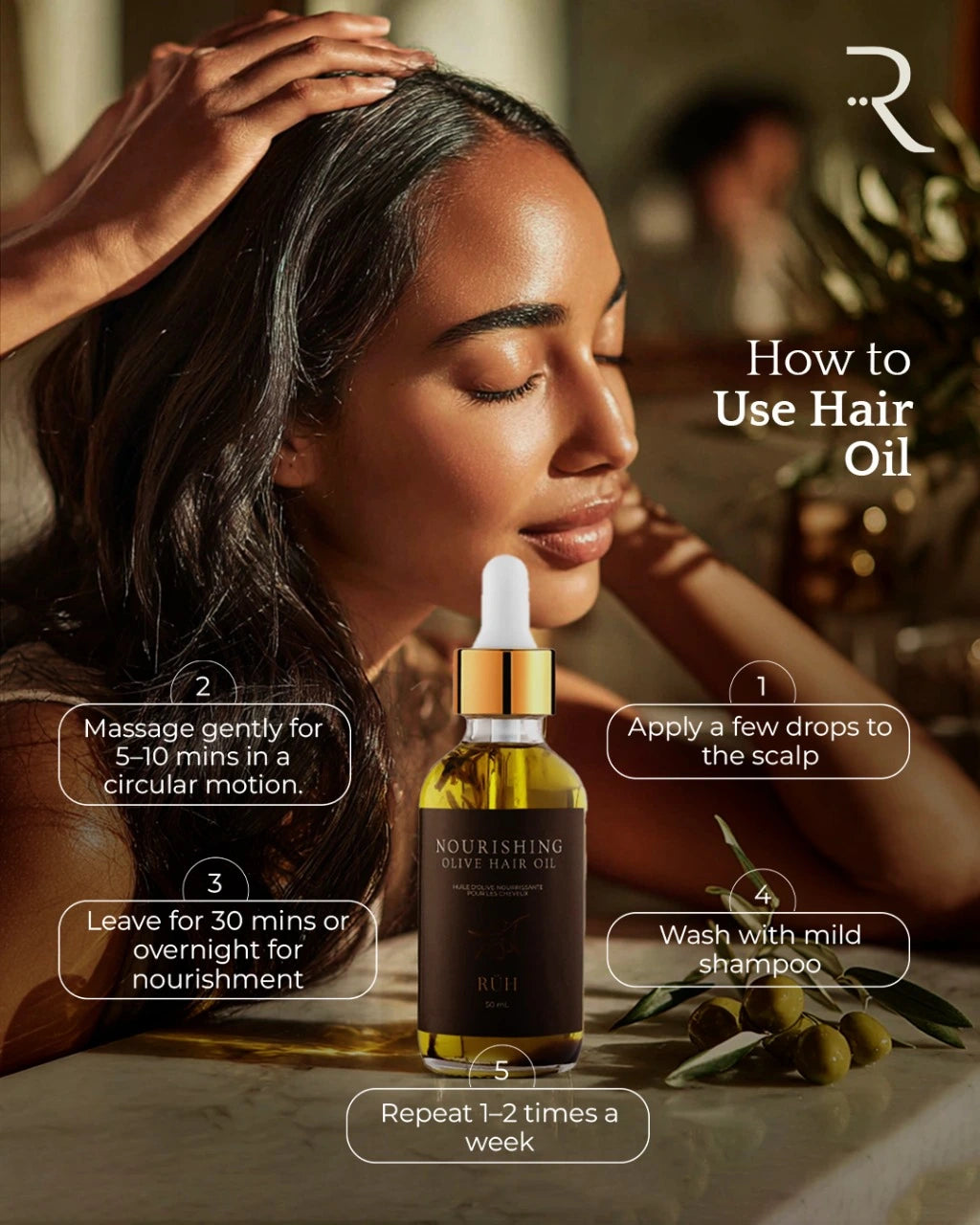 Woman using hair oil with step-by-step instructions on how to use it, featuring a brand logo.