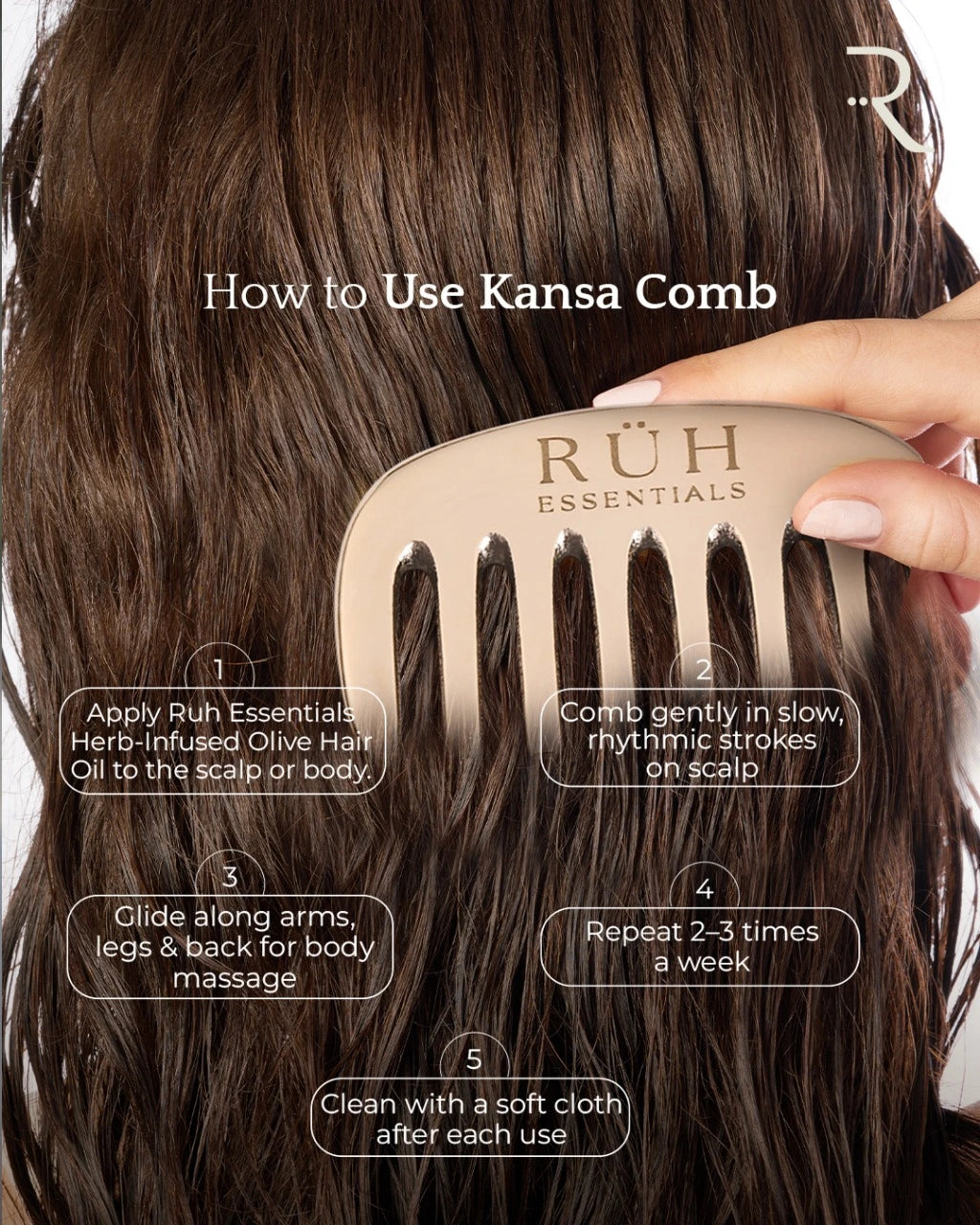 Kansa comb being used on hair with Röh Essentials branding and usage instructions.
