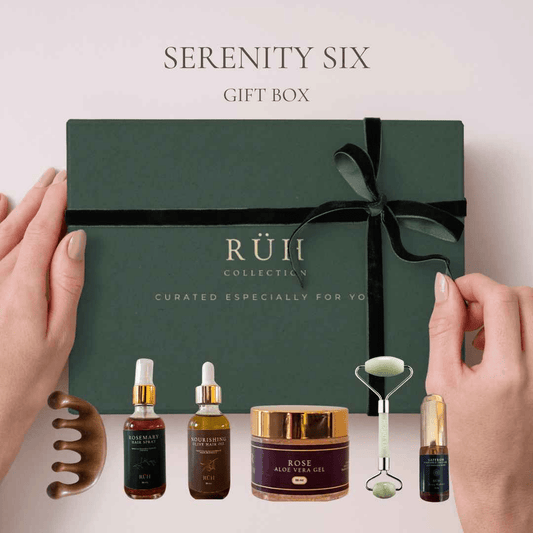 Serenity Six Gift Box - Hair Spray, Face Oil, Hair Oil, Aloe Gel - Wellness for your Skin and Hair - Rüh Essentials