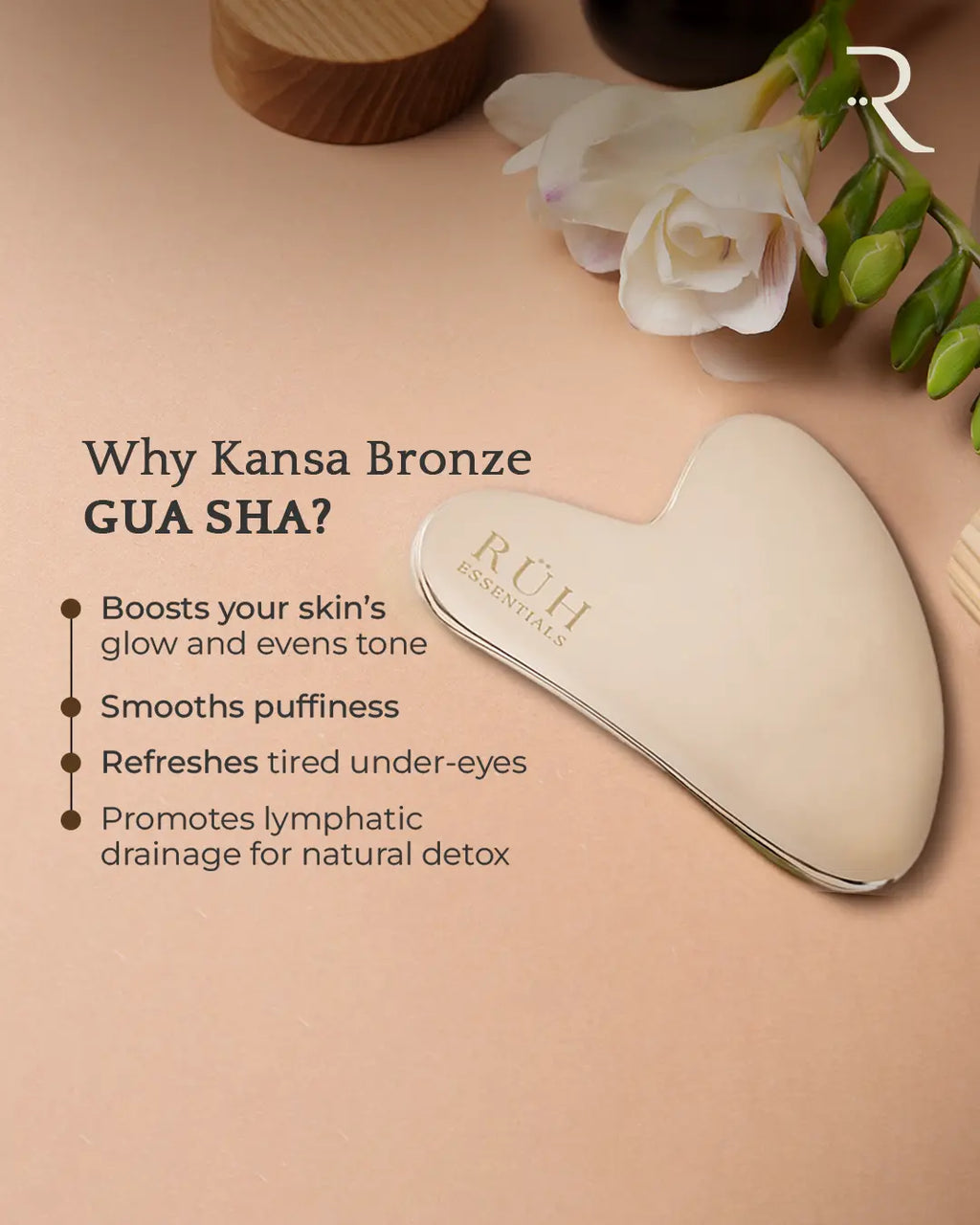 Kansa Bronze Gua Sha tool with brand logo on a beige background with text highlighting benefits.