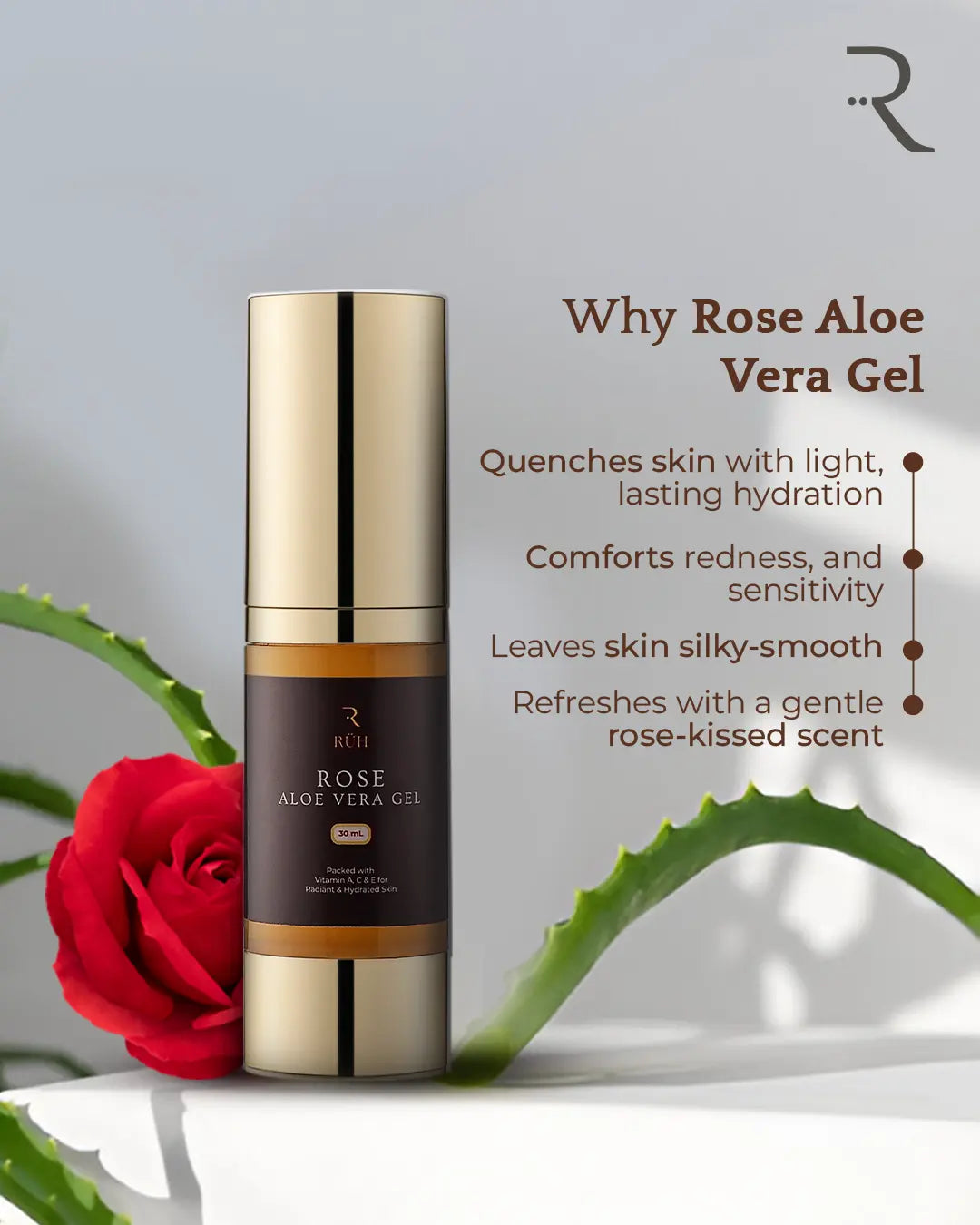 Rose Aloe Vera Gel bottle with a red rose and aloe vera leaves on a light background