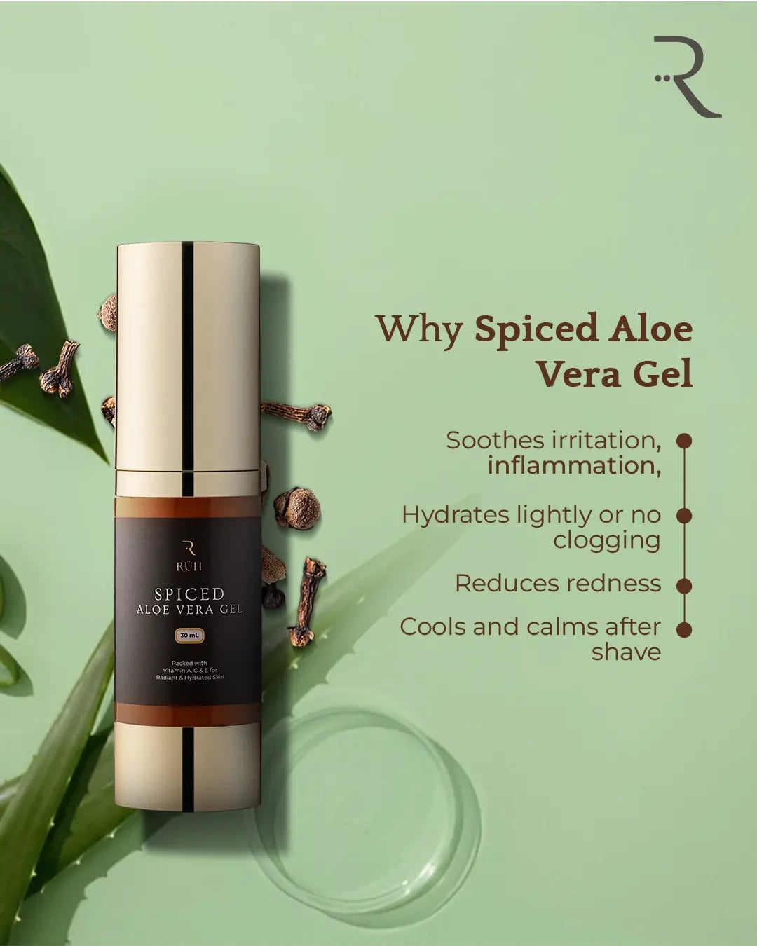 Spiced aloe vera gel bottle with green leaves on a light green background