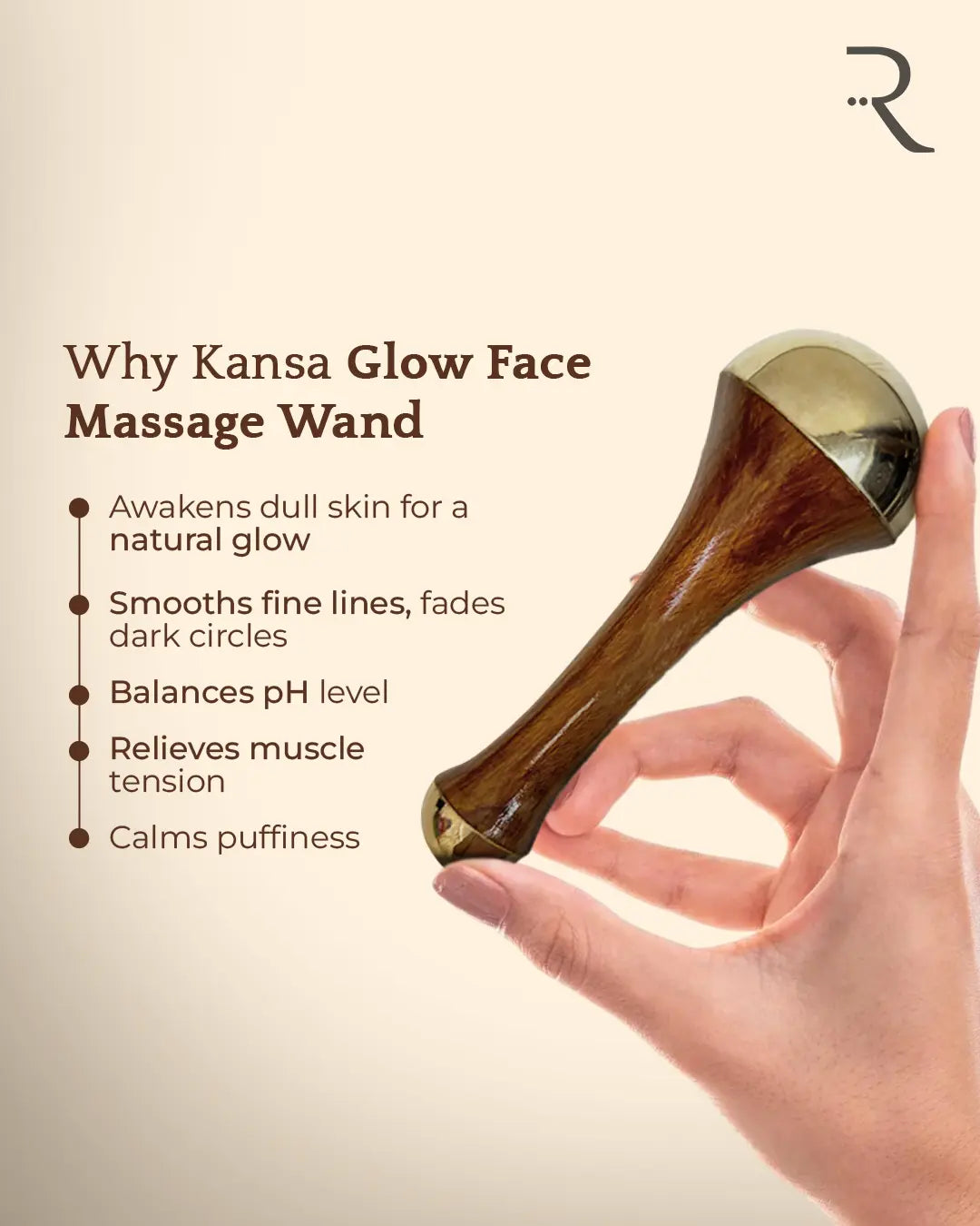 Kansa Glow Face Massage Wand with text on benefits against a beige background