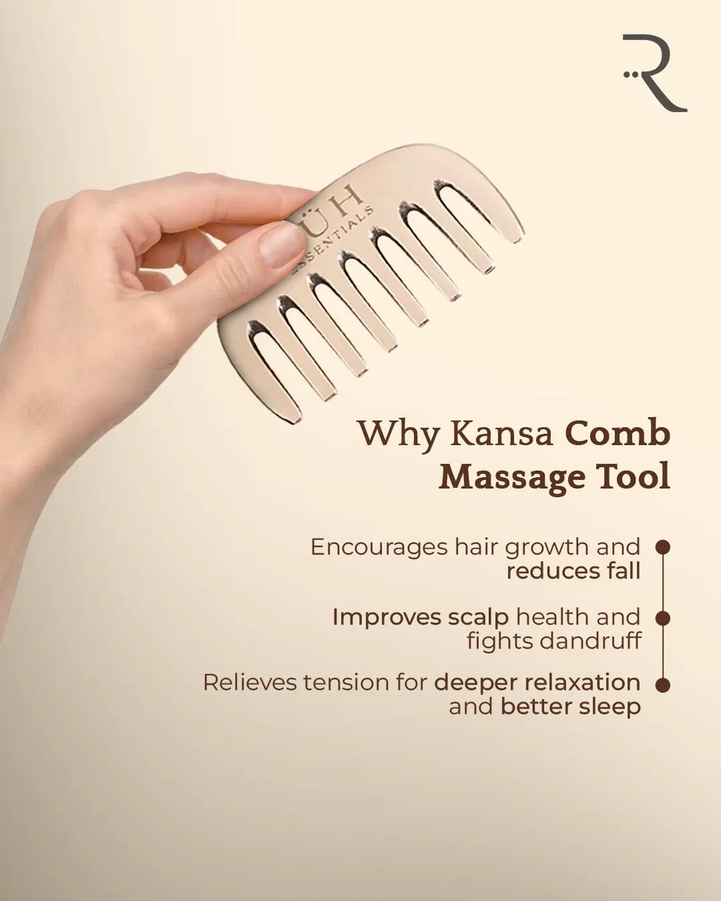 Hand holding a Kansa comb with text about its benefits on a beige background