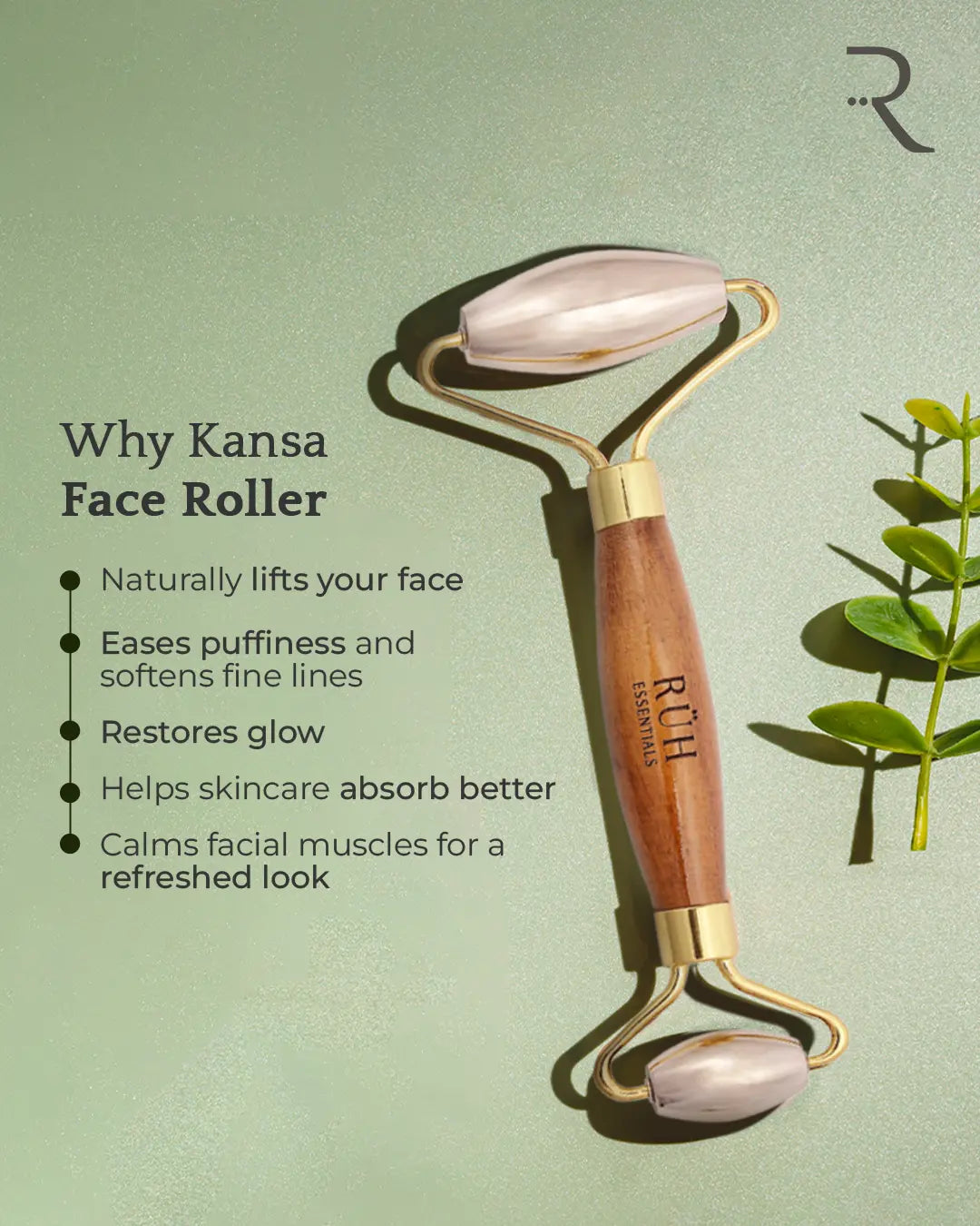 Kansa Face Roller – Sculpting tool with wooden grip for skin detox, glow, and tone.