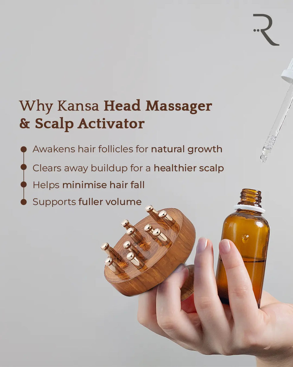 Kansa head massager and scalp activator with a bottle of oil on a gray background