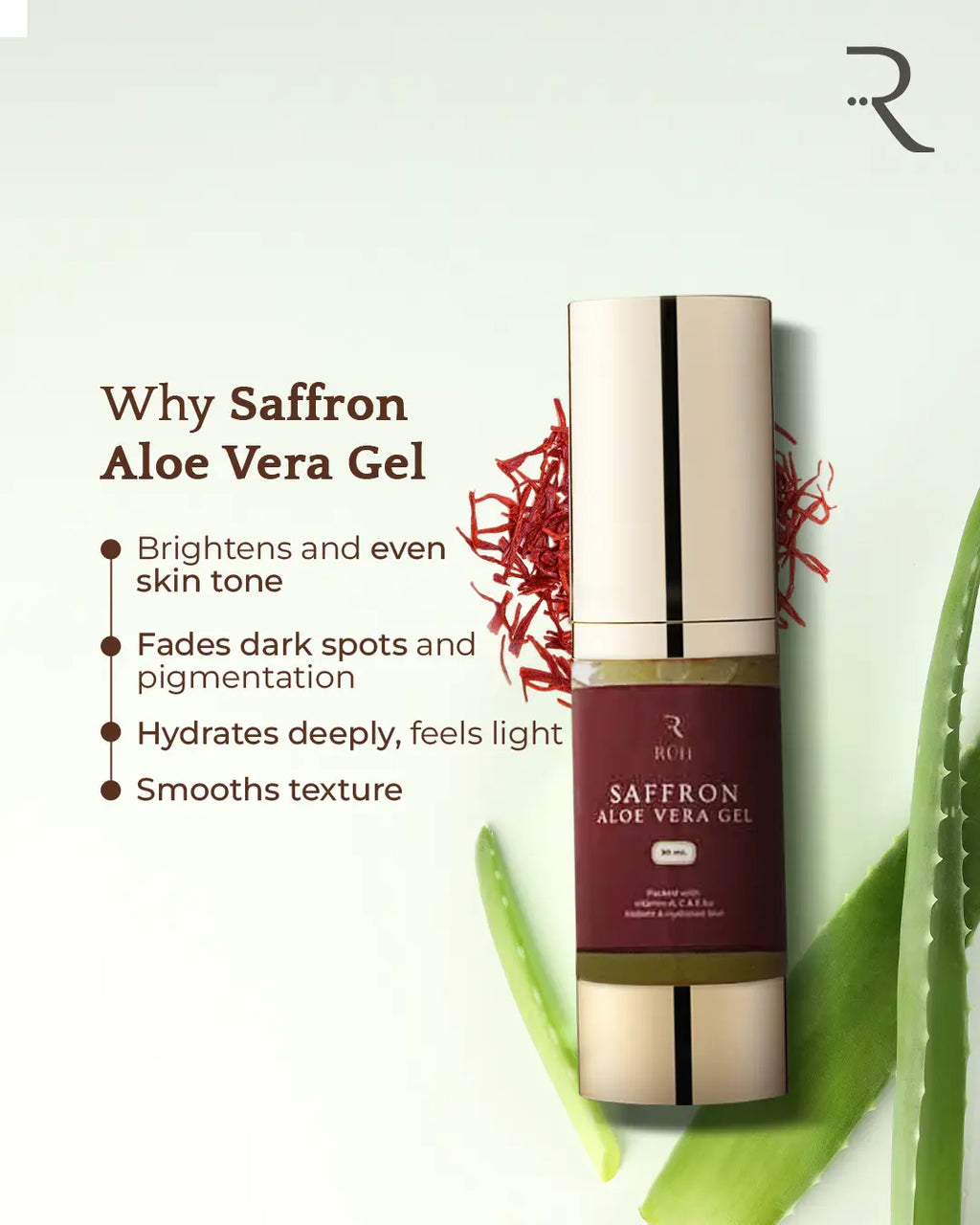 Saffron Aloe Vera gel bottle with text on a white background